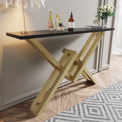 Black & Gold Narrow Console Table Accent Table For Hallway X Base Metal in Small - Homary