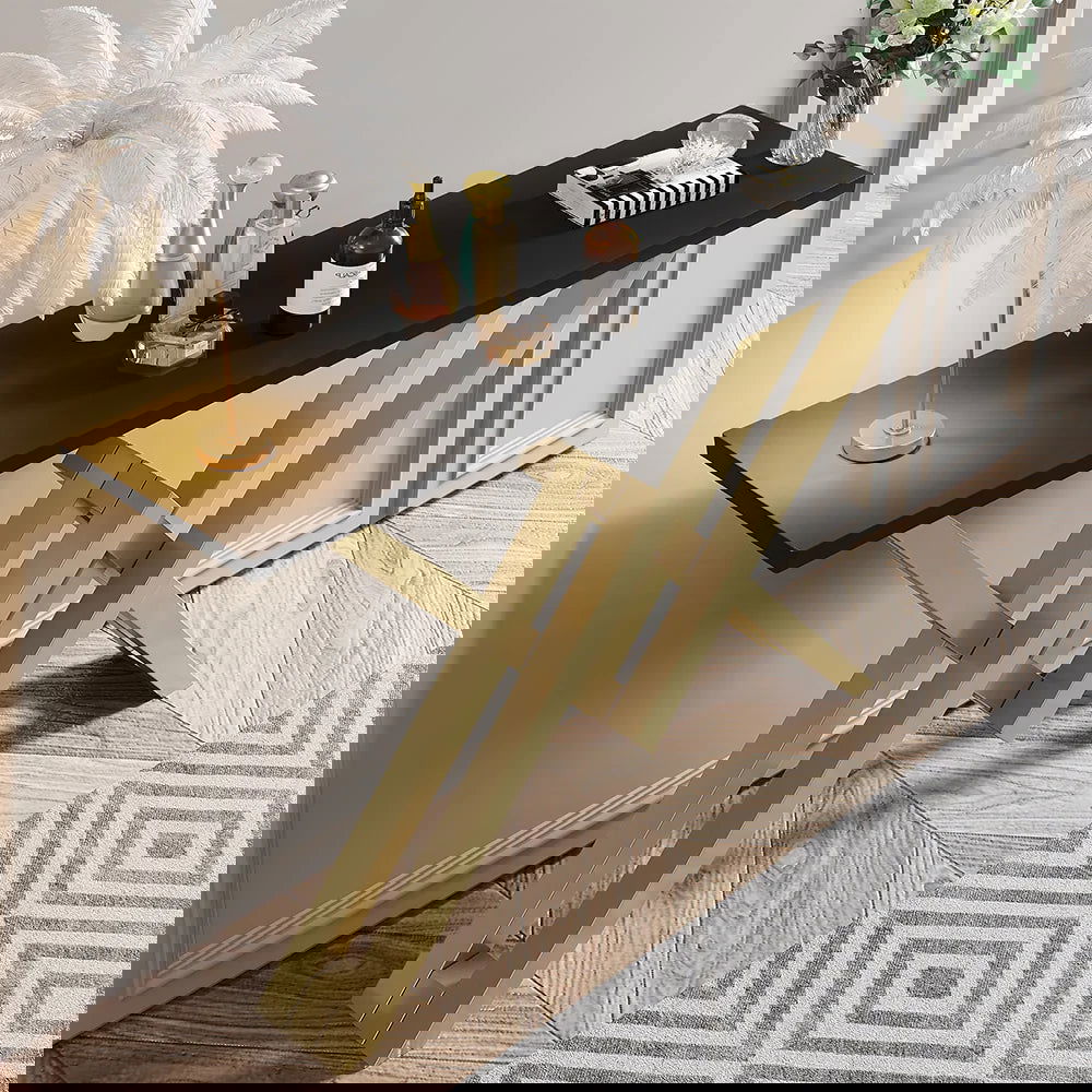 Black & Gold Narrow Console Table Accent Table For Hallway X Base Metal in Small - Homary