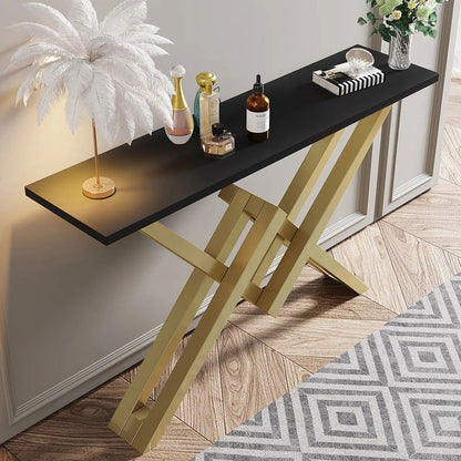 Black & Gold Narrow Console Table Accent Table For Hallway X Base Metal in Small - Homary