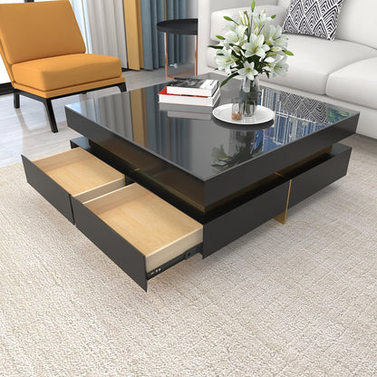 Black Modern Square Coffee Table with Drawers Tempered Glass Top & Metal Legs - 
