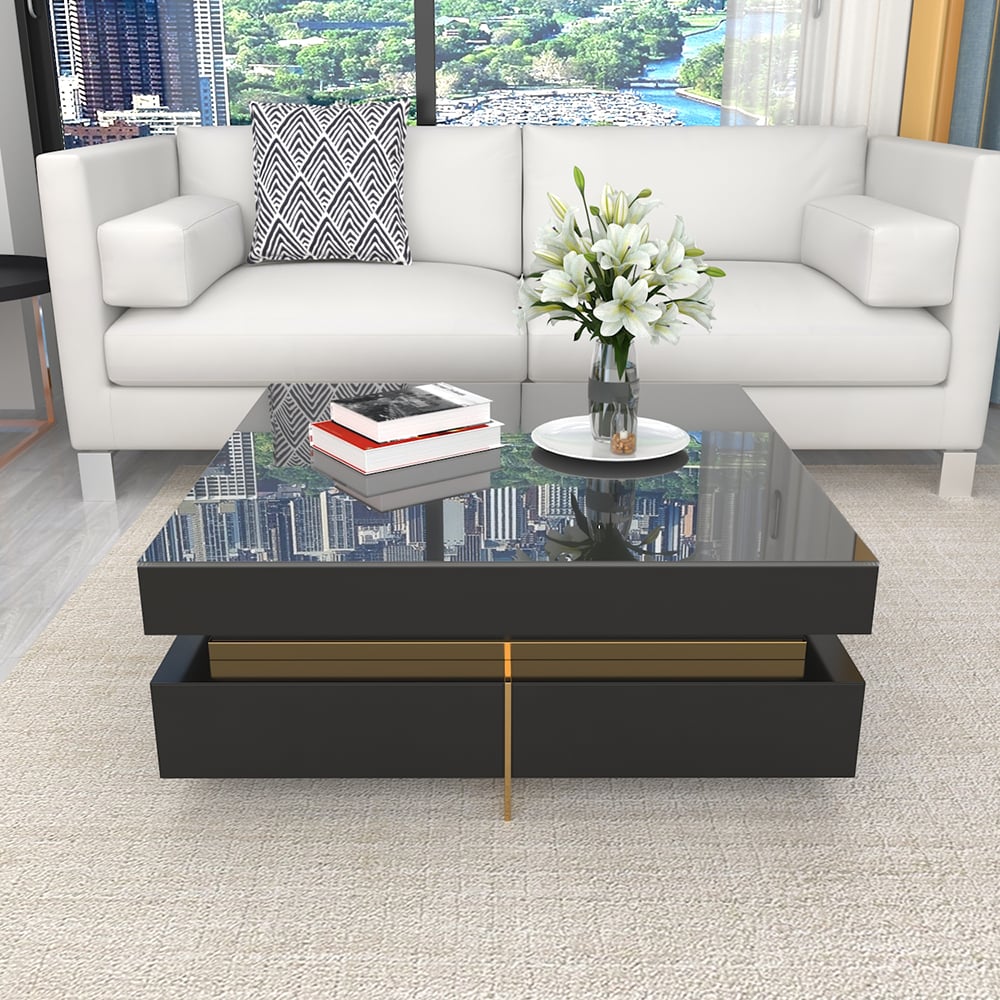 Black Modern Square Coffee Table with Drawers Tempered Glass Top & Metal Legs - 