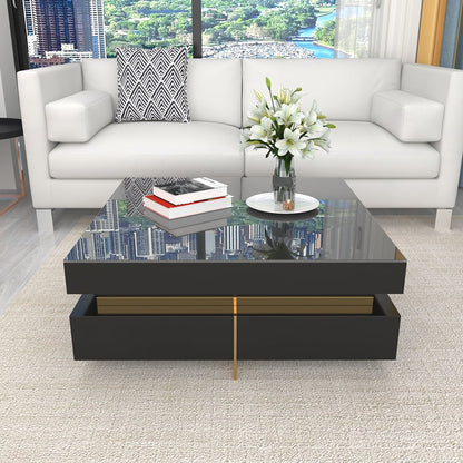 Black Modern Square Coffee Table with Drawers Tempered Glass Top & Metal Legs - 