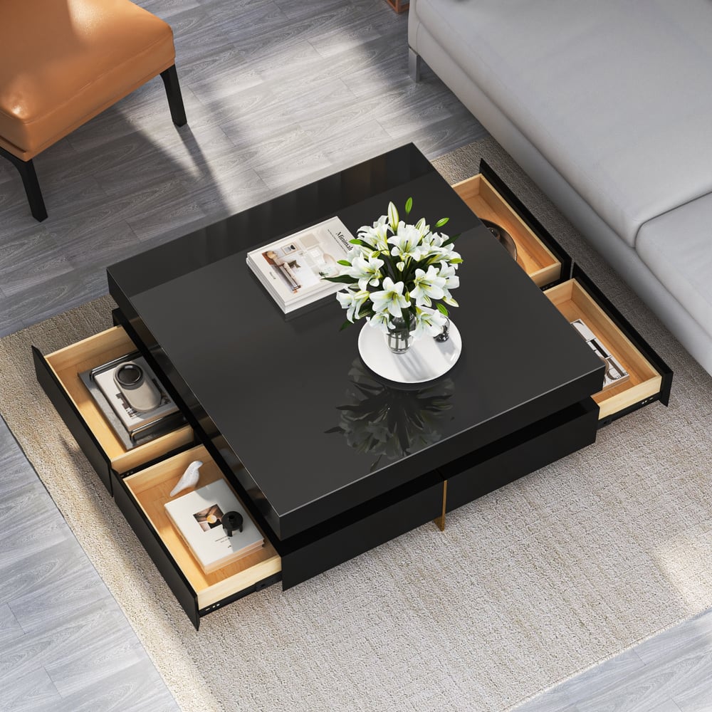 Black Modern Square Coffee Table with Drawers Tempered Glass Top & Metal Legs - 