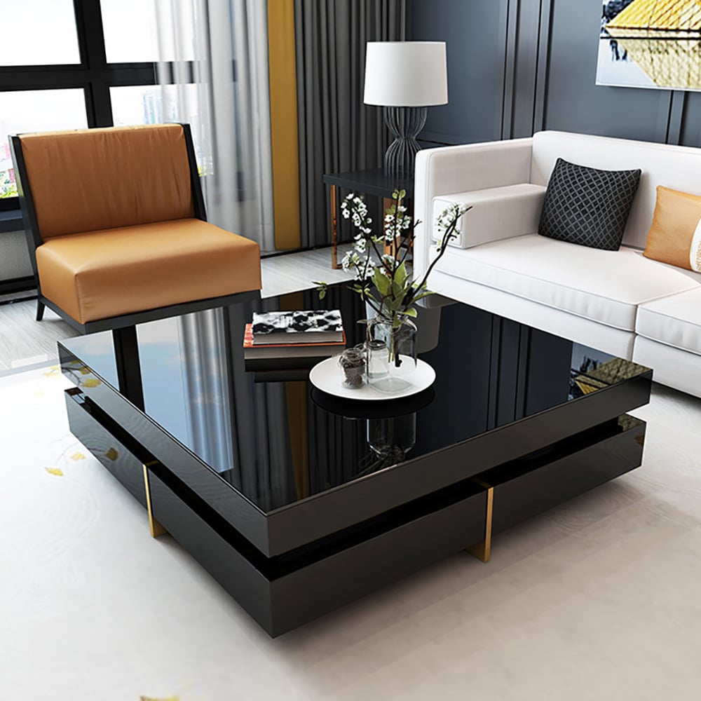 Black Modern Square Coffee Table with Drawers Tempered Glass Top & Metal Legs - 