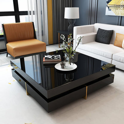 Black Modern Square Coffee Table with Drawers Tempered Glass Top & Metal Legs - 