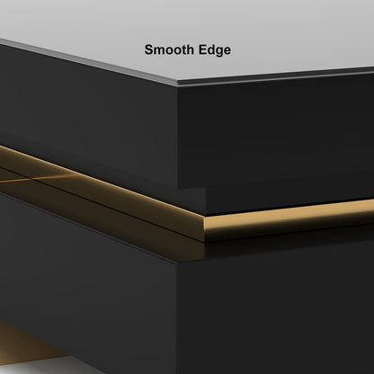 Black Modern Square Coffee Table with Drawers Tempered Glass Top & Metal Legs - 