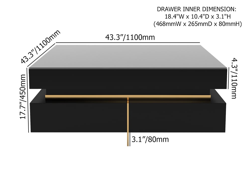 Black Modern Square Coffee Table with Drawers Tempered Glass Top & Metal Legs - 