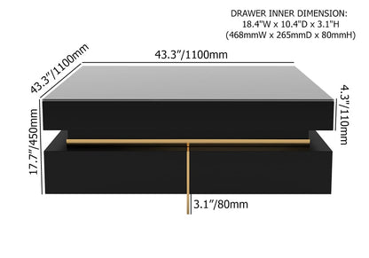 Black Modern Square Coffee Table with Drawers Tempered Glass Top & Metal Legs - 