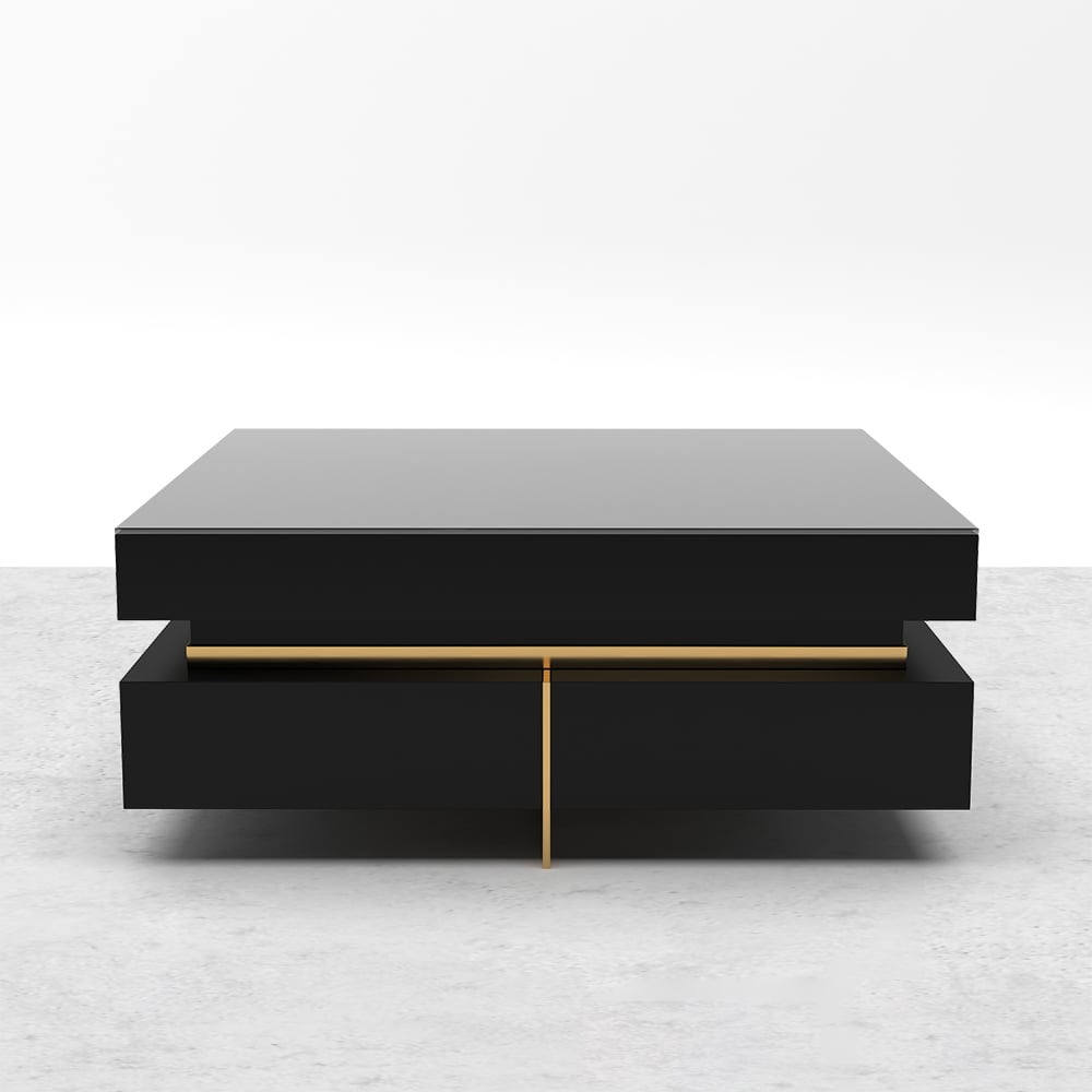 Black Modern Square Coffee Table with Drawers Tempered Glass Top & Metal Legs - 