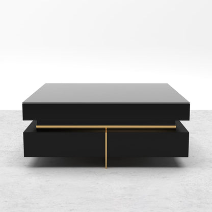 Black Modern Square Coffee Table with Drawers Tempered Glass Top & Metal Legs - 