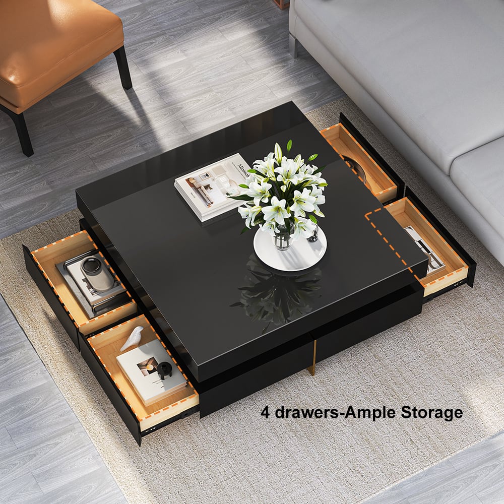 Black Modern Square Coffee Table with Drawers Tempered Glass Top & Metal Legs - 