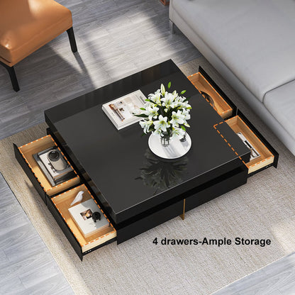 Black Modern Square Coffee Table with Drawers Tempered Glass Top & Metal Legs - 