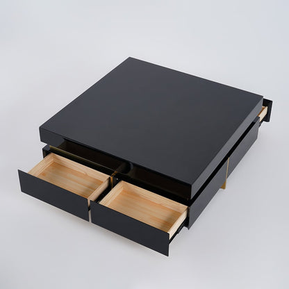 Black Modern Square Coffee Table with Drawers Tempered Glass Top & Metal Legs - 