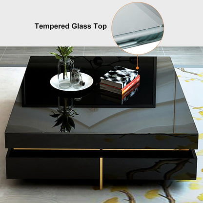 Black Modern Square Coffee Table with Drawers Tempered Glass Top & Metal Legs - 