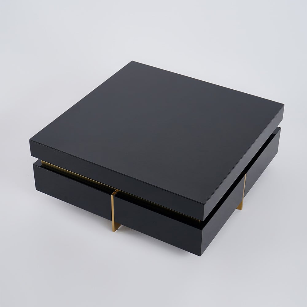 Black Modern Square Coffee Table with Drawers Tempered Glass Top & Metal Legs - 