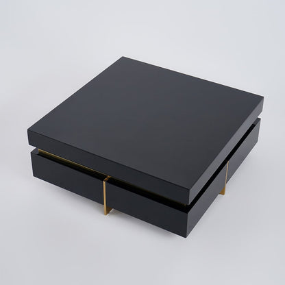 Black Modern Square Coffee Table with Drawers Tempered Glass Top & Metal Legs - 