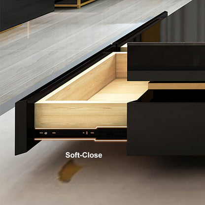 Black Modern Square Coffee Table with Drawers Tempered Glass Top & Metal Legs - 