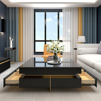 Black Modern Square Coffee Table with Drawers Tempered Glass Top & Metal Legs - Homary