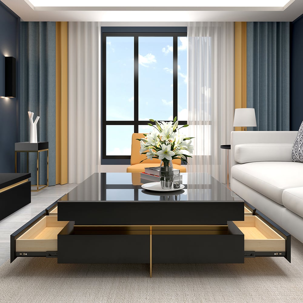 Black Modern Square Coffee Table with Drawers Tempered Glass Top & Metal Legs - Homary