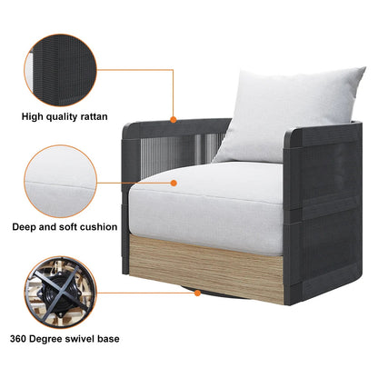 Black Woven Rope Outdoor Swivel Chair Sofa 360 Degree Rotatable Coastal Patio Armchair - 