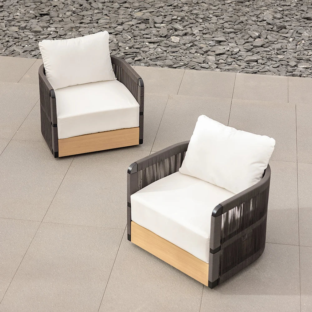 Black Woven Rope Outdoor Swivel Chair Sofa 360 Degree Rotatable Coastal Patio Armchair - 