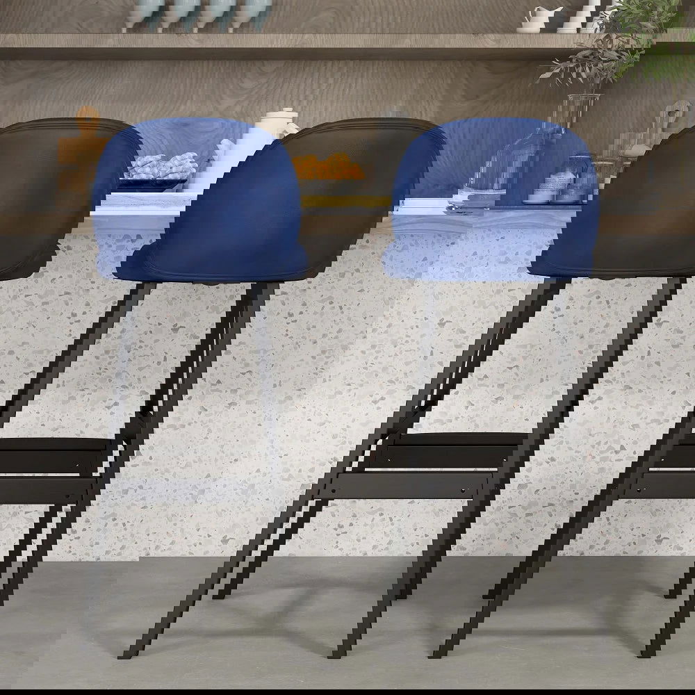 Blue Bar Height Set of 2 Bar Stools PU Leather Rustic Tufted Curved Back - 