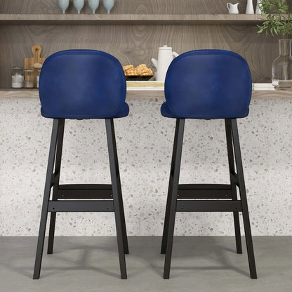 Blue Bar Height Set of 2 Bar Stools PU Leather Rustic Tufted Curved Back - 