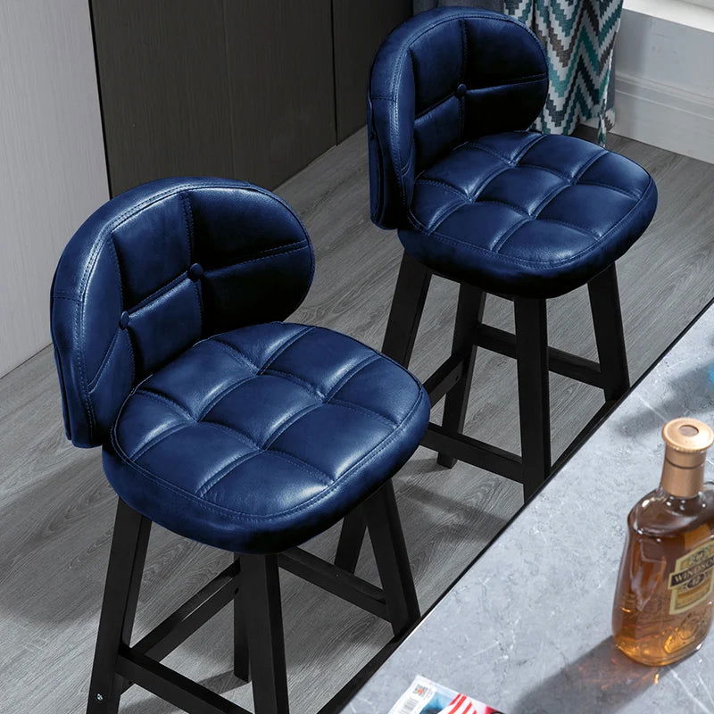 Blue Bar Height Set of 2 Bar Stools PU Leather Rustic Tufted Curved Back - 