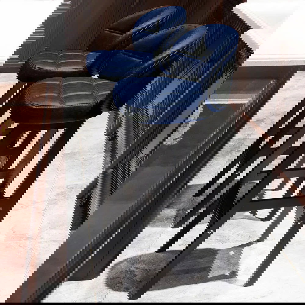 Blue Bar Height Set of 2 Bar Stools PU Leather Rustic Tufted Curved Back - 