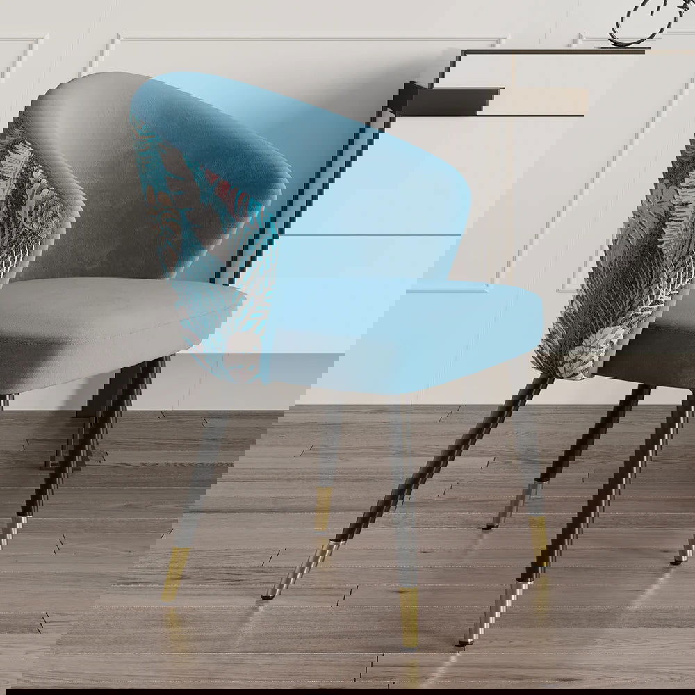 Blue Upholstered Velvet Dining Chair Curved Back Modern Arm Chair - 