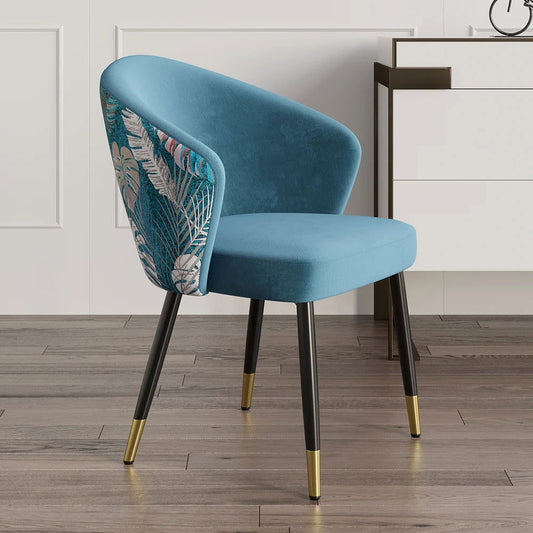 Blue Upholstered Velvet Dining Chair Curved Back Modern Arm Chair - 