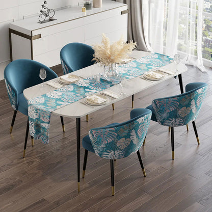 Blue Upholstered Velvet Dining Chair Curved Back Modern Arm Chair - 