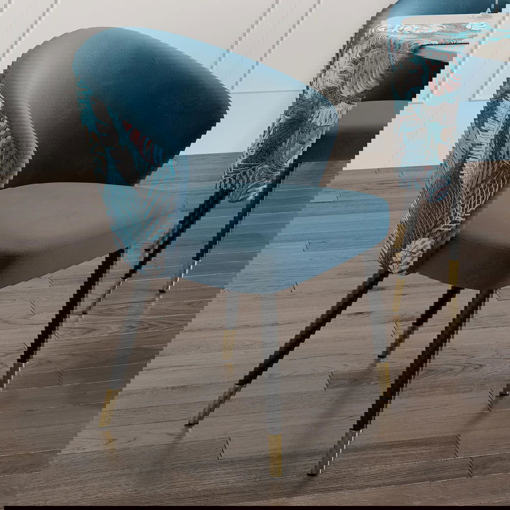 Blue Upholstered Velvet Dining Chair Curved Back Modern Arm Chair - 