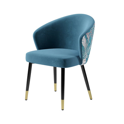 Blue Upholstered Velvet Dining Chair Curved Back Modern Arm Chair - 