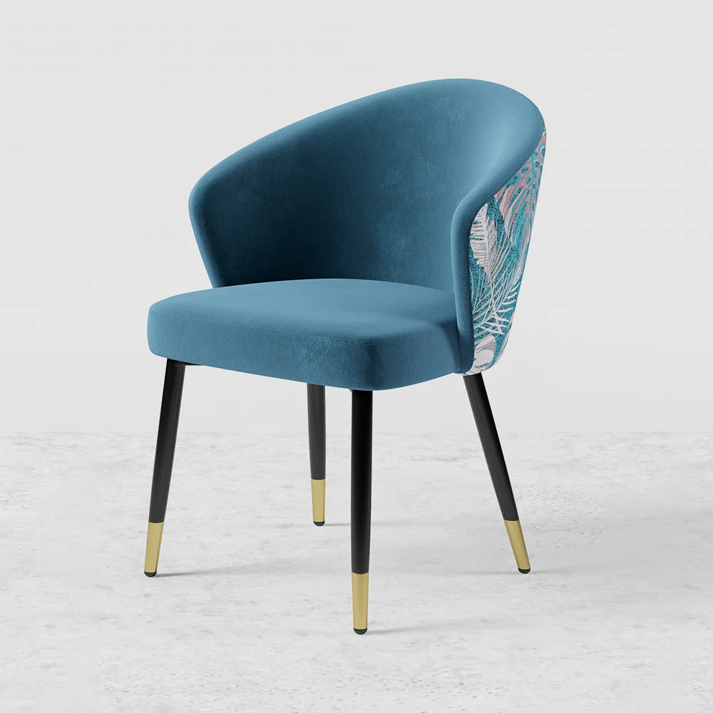 Blue Upholstered Velvet Dining Chair Curved Back Modern Arm Chair - 