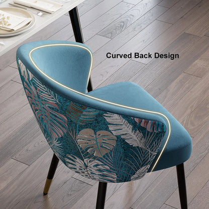 Blue Upholstered Velvet Dining Chair Curved Back Modern Arm Chair - 