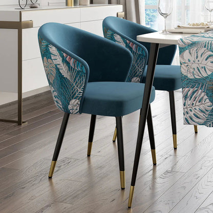 Blue Upholstered Velvet Dining Chair Curved Back Modern Arm Chair - 