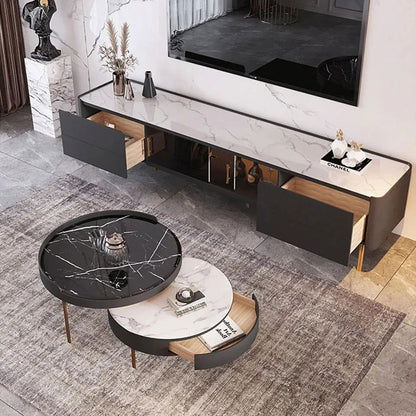 Brotic Modern 2000mm TV Stand Sintered Stone 2-Drawer Glass Doors Media Console - 