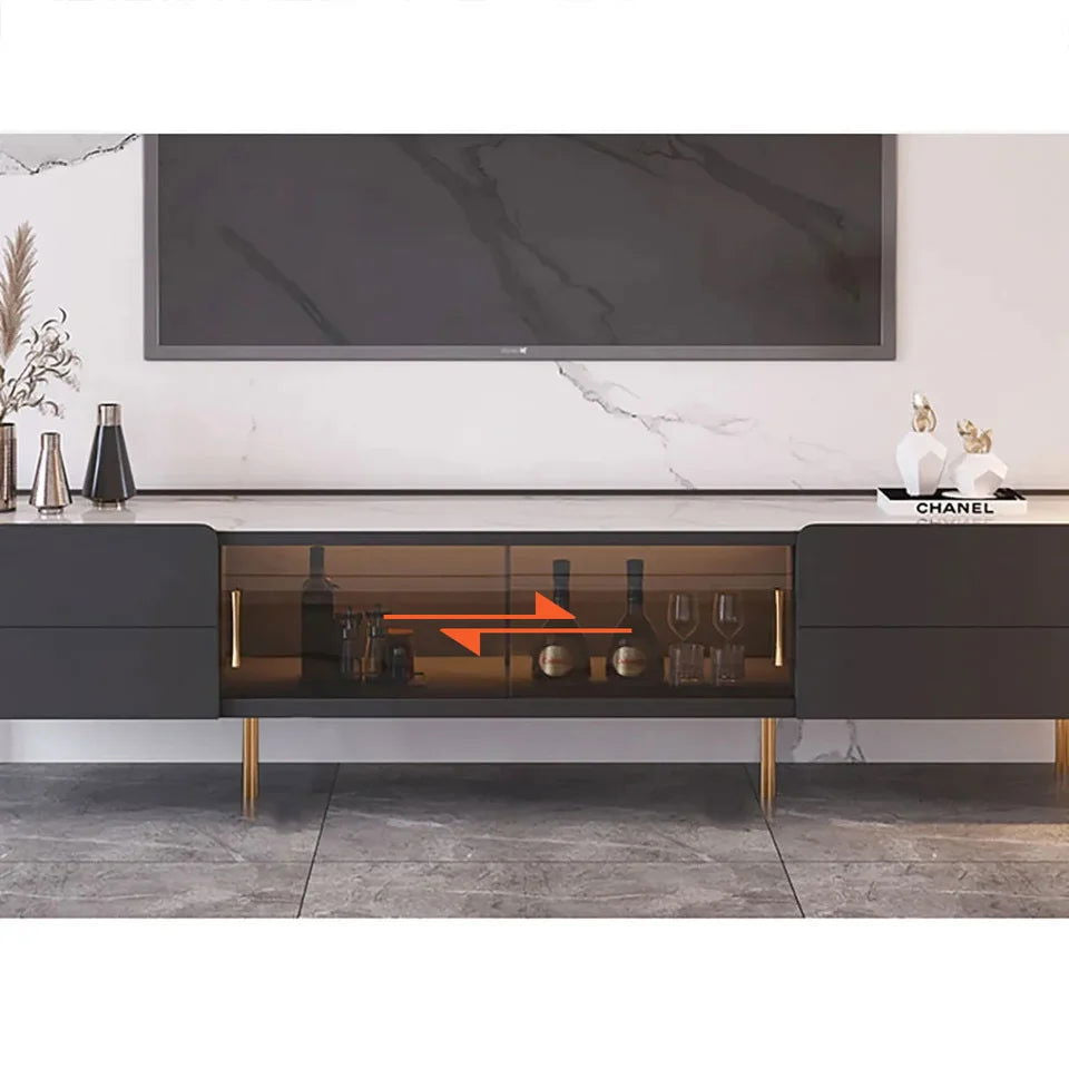 Brotic Modern 2000mm TV Stand Sintered Stone 2-Drawer Glass Doors Media Console - 