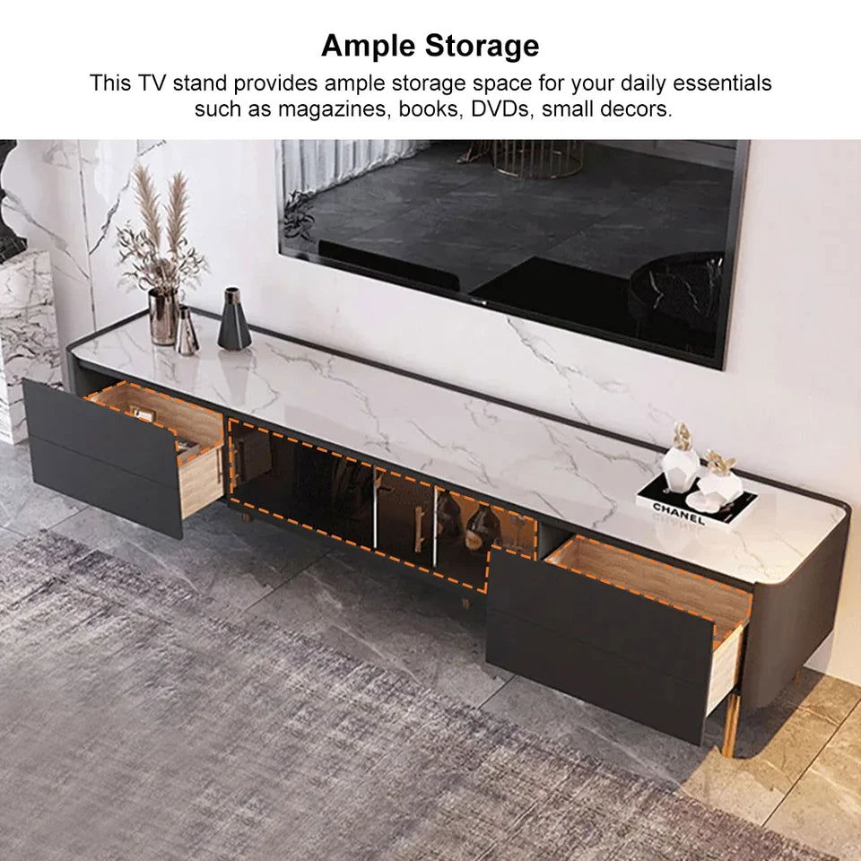 Brotic Modern 2000mm TV Stand Sintered Stone 2-Drawer Glass Doors Media Console - 