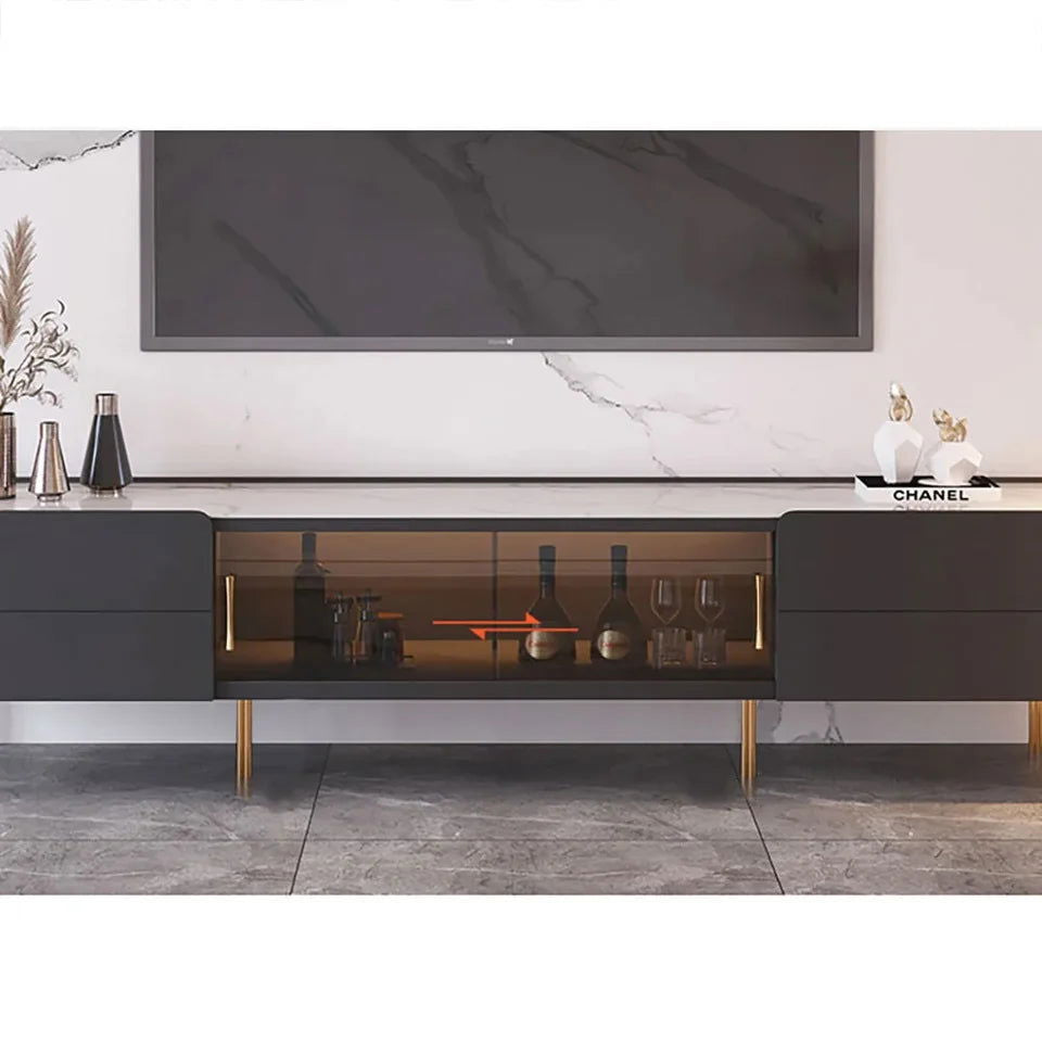 Brotic Modern 2000mm TV Stand Sintered Stone 2-Drawer Glass Doors Media Console - Approved By Design