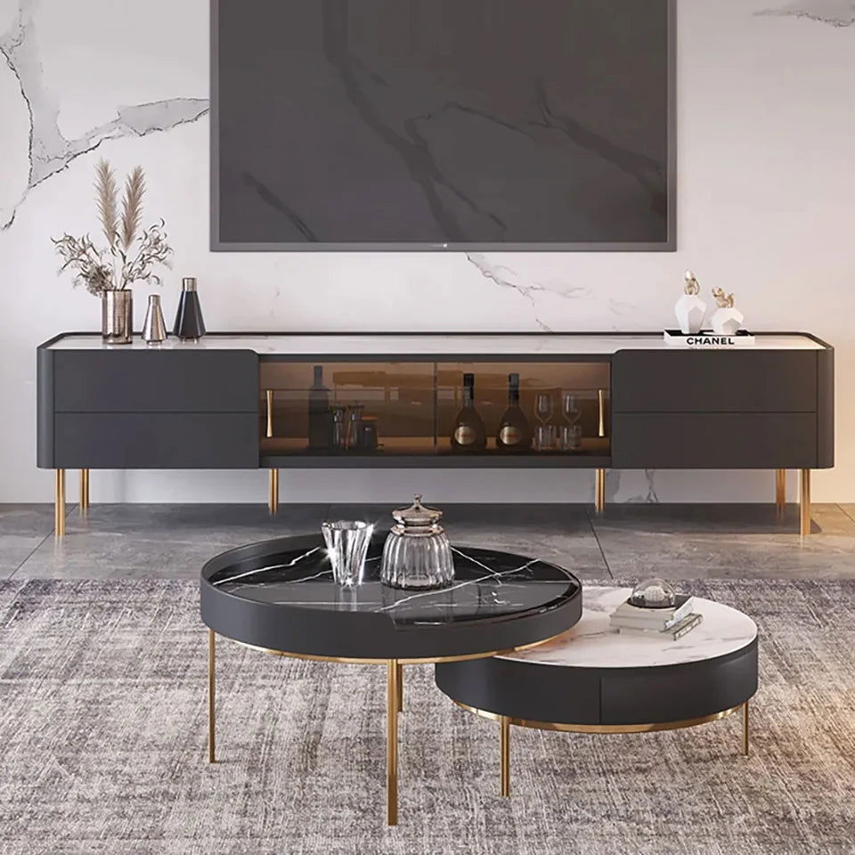 Brotic Modern 2000mm TV Stand Sintered Stone 2-Drawer Glass Doors Media Console - Approved By Design