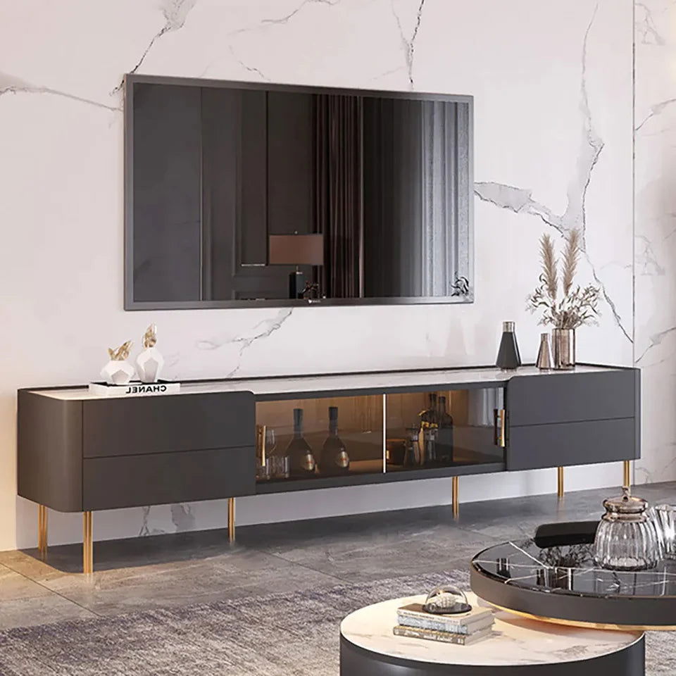 Brotic Modern 2000mm TV Stand Sintered Stone 2-Drawer Glass Doors Media Console - Homary