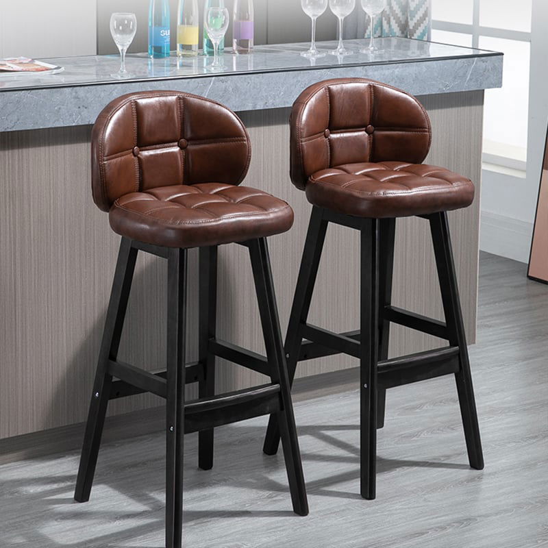 Brown Rustic Upholstered Rustic Bar Stools Set of 2 PU Leather Tufted Curved Back - 