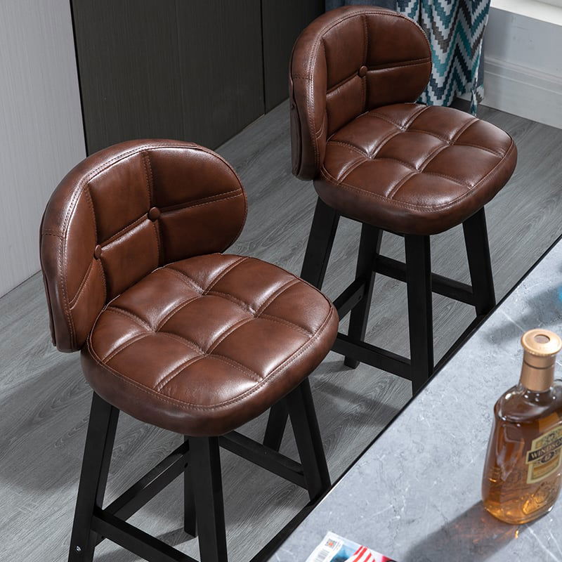 Brown Rustic Upholstered Rustic Bar Stools Set of 2 PU Leather Tufted Curved Back - 