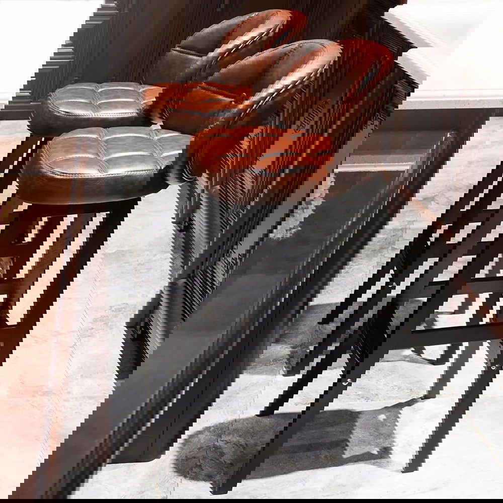 Brown Rustic Upholstered Rustic Bar Stools Set of 2 PU Leather Tufted Curved Back - Homary