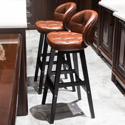 Brown Rustic Upholstered Rustic Bar Stools Set of 2 PU Leather Tufted Curved Back - Homary