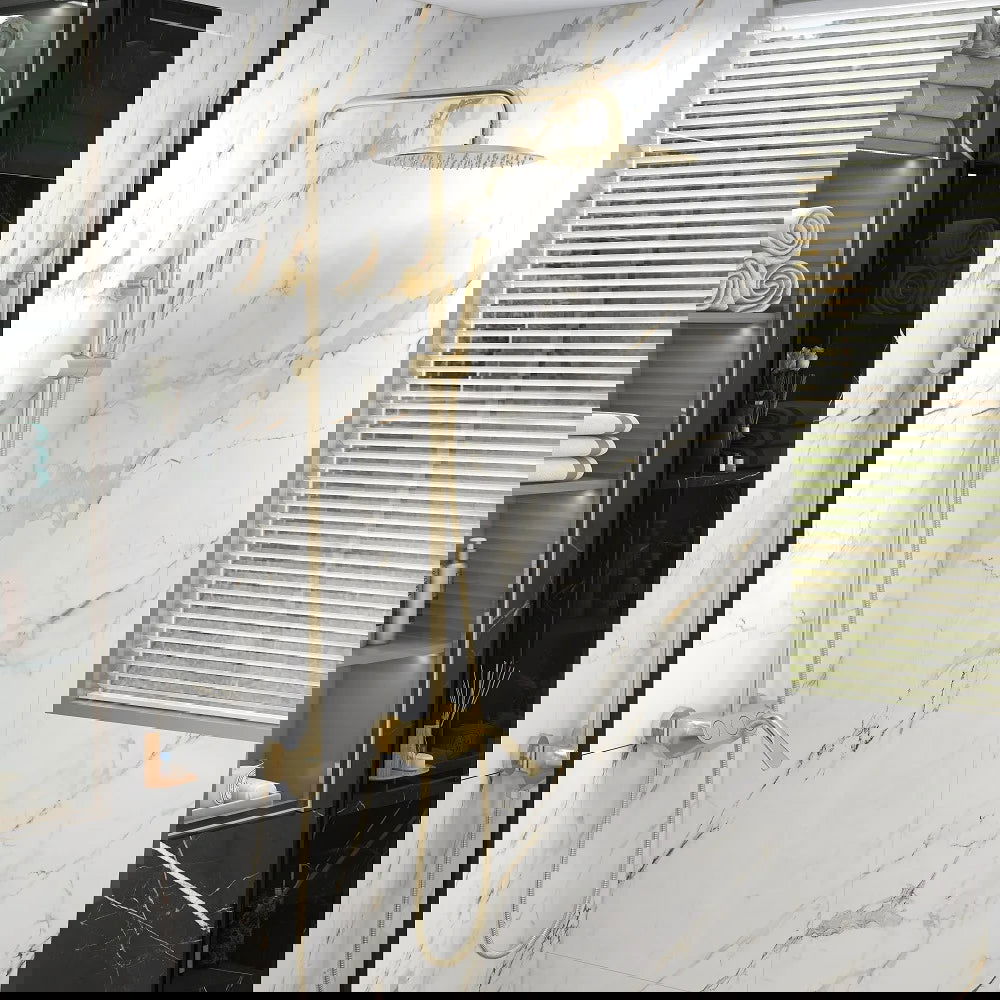 Brushed Gold Exposed Rainfall Shower Fixture with Handshower & Tub Filler Solid Brass - 