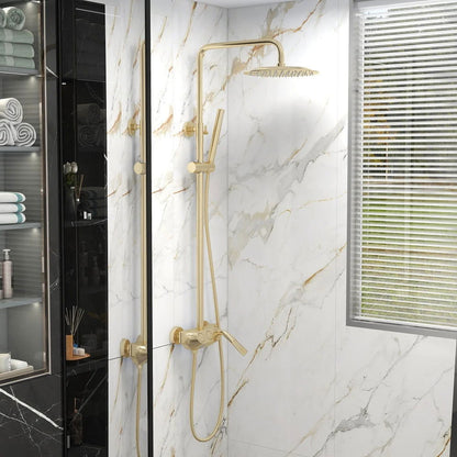 Brushed Gold Exposed Rainfall Shower Fixture with Handshower & Tub Filler Solid Brass - 