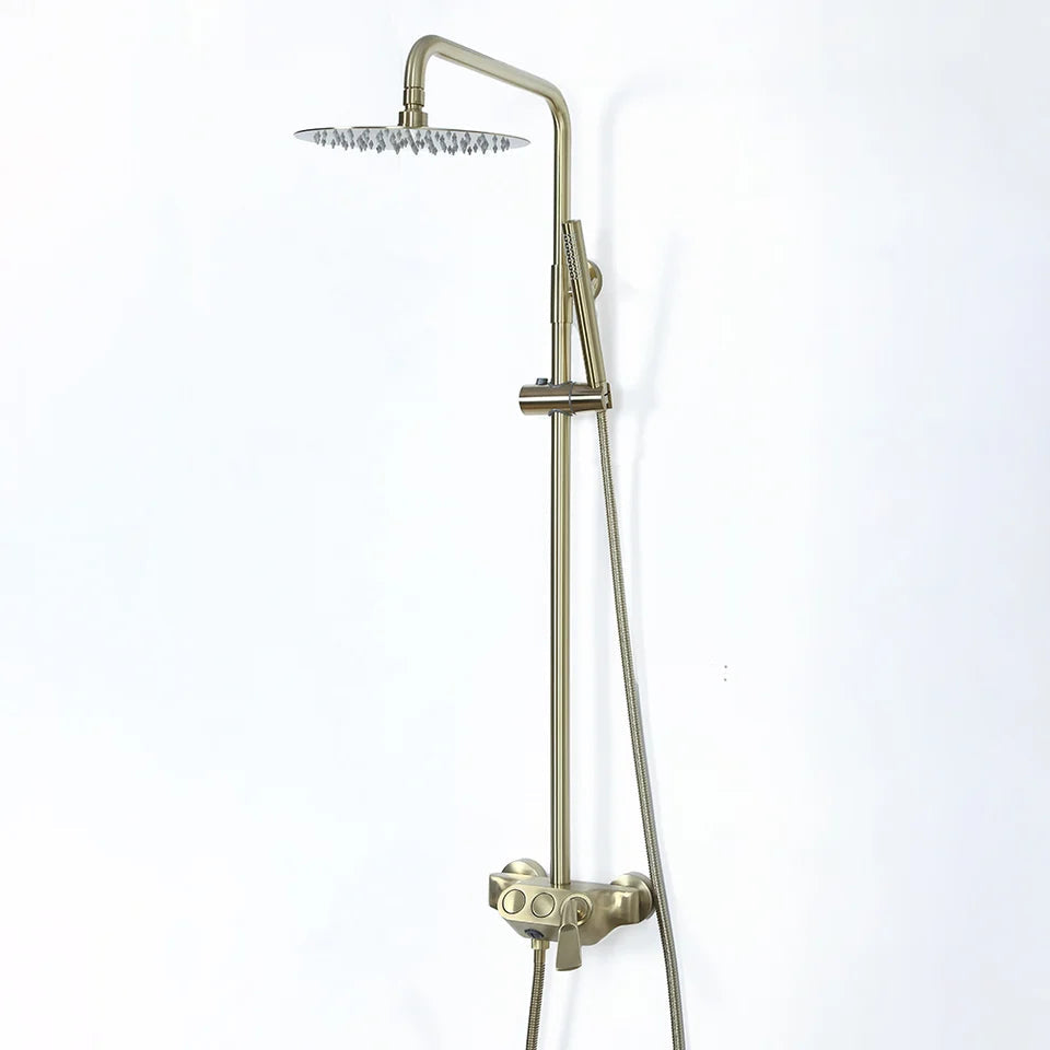 Brushed Gold Exposed Rainfall Shower Fixture with Handshower & Tub Filler Solid Brass - 